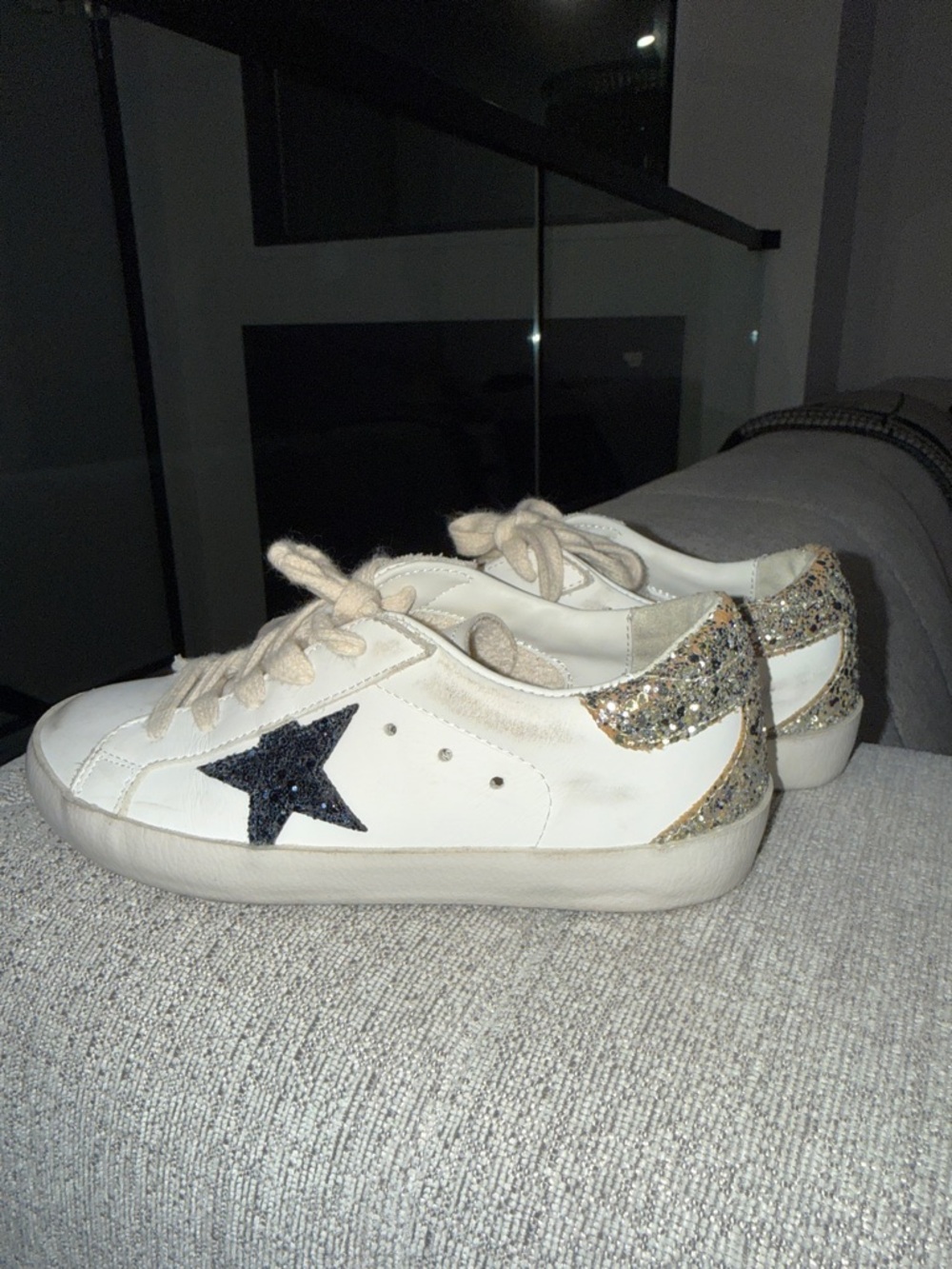 Golden Goose White Kids Sneakers with Black Star and Gold Glitter Heel
